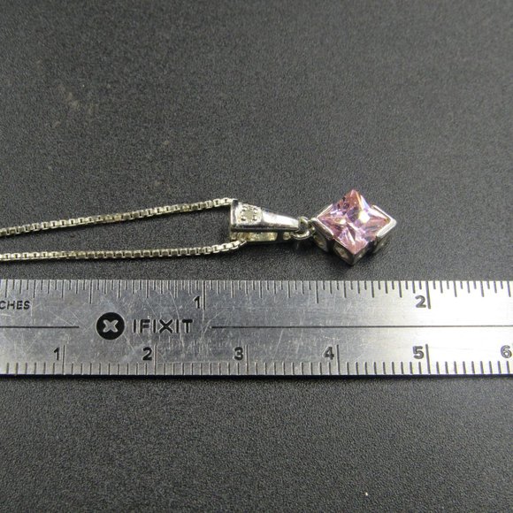 16" Sterling Silver Pink Cubic Zirconia Gem & Diamond Chip Necklace Vintage - Picture 6 of 7